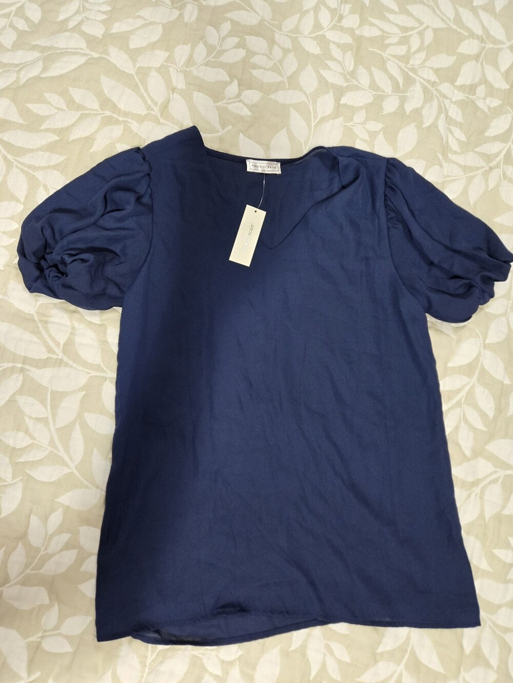 emory park Navy Puff Sleeve V-Neck Short Sleeve Blouse